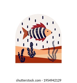 Vector illustration. Abstract composition in the arch. Ornamental fish against the background of an underwater landscape and algae. Terracotta color. Poster, postcard, poster for the interior.