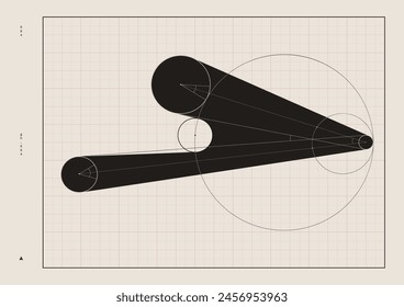 Vector illustration. Abstract composition of black circles and geometry figures on squared background. Minimalist design. Concept of real estate and architecture, education material.