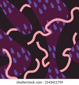 Vector illustration is an abstract composition with chaotic spots and pink curved lines on a dark background. Concept - wrapping paper or contemporary art