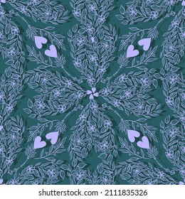Vector illustration, abstract composition with leaves, flowers, dark  background, seamless pattern