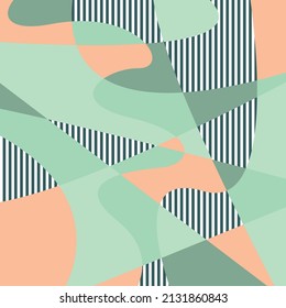 Vector illustration is an abstract composition with random curved spots and parallel lines of trendy pastel colors. Concept - contemporary art