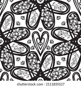 Vector illustration, abstract composition, seamless pattern with heart, flowers, light  background