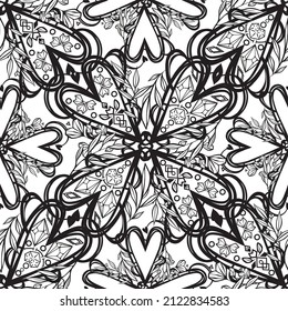 Ilustración vectorial, composición abstracta, patrón transparente con corazones, hojas, cristales, fondo claro