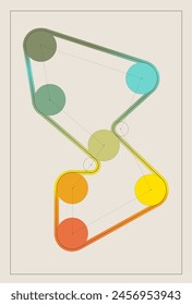 Vector illustration. abstract configuration of colorful, interconnected circles with thin outline. Minimalist graphic design. Concept of real estate and architecture, education material.