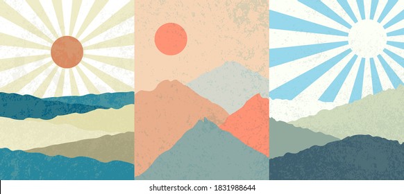 Vector illustration. Abstract contemporary aesthetic backgrounds. Landscapes set. Earth tone colors. Boho wall decor. Modern art print. Flat design for book cover, poster, banner, brochure, flyer