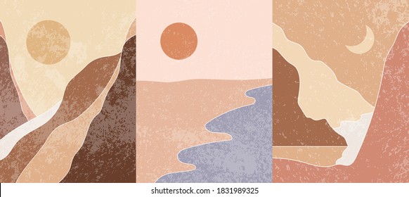 Vector illustration. Abstract contemporary aesthetic backgrounds. Landscapes set. Earth tone colors. Boho wall decor. Modern art print. Flat design for book cover, poster, banner, brochure, flyer