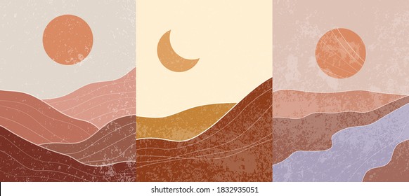 Vector illustration. Abstract contemporary aesthetic backgrounds. Landscapes set. Earth tone colors. Boho wall decor. Modern art print. Flat design for book cover, poster, banner, brochure, flyer