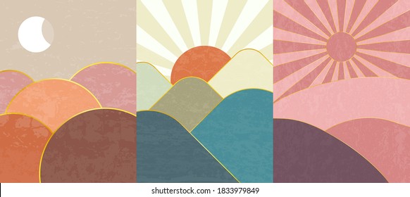 Vector illustration. Abstract contemporary aesthetic backgrounds. Landscapes set. Earth tone colors. Boho wall decor. Modern art print. Flat design for book cover, poster, banner, brochure, flyer