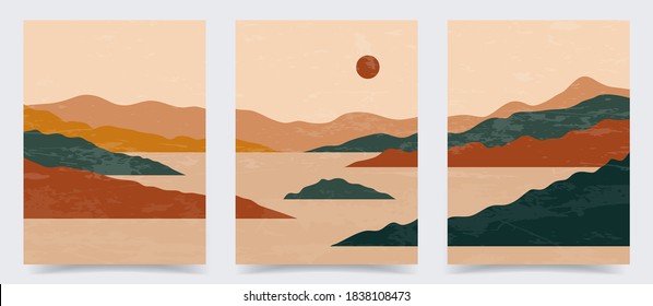 Vector illustration. Abstract contemporary aesthetic backgrounds. Landscapes set. Earth tone colors. Boho wall decor. Modern art print. Flat design for book cover, poster, banner, brochure, flyer