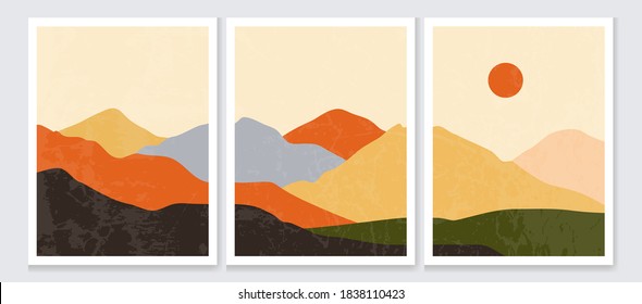 Vector illustration. Abstract contemporary aesthetic backgrounds. Landscapes set. Earth tone colors. Boho wall decor. Modern art print. Flat design for book cover, poster, banner, brochure, flyer