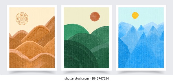 Vector illustration. Abstract contemporary aesthetic backgrounds set. Design for cover, poster, brochure, magazine, postcard, flyer, wallpapers. Interior wall decor. Watercolor painting. Nature scene