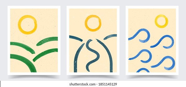 Vector illustration. Abstract contemporary aesthetic backgrounds. Design for cover, poster, postcard, card, flyer, brochure. Wall decor. Modern art print. Watercolor painting. Landscaped scene concept