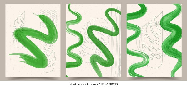 Vector illustration. Abstract contemporary aesthetic backgrounds. Design for cover, poster, postcard, card, flyer, brochure. Wall decor. Modern art print. Watercolor painting. Green brush strokes