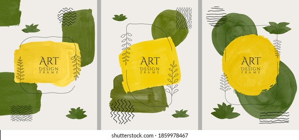 Vector illustration. Abstract contemporary aesthetic backgrounds set. Design for cover, poster, postcard, card, flyer, brochure, frame. Green leaves. Eco concept. Watercolor painting. Hand painted art