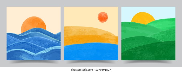 Ilustración vectorial. Resumen conjunto de antecedentes estéticos contemporáneos. Diseño para plantilla de medios sociales, banner web. Pintura acuarela. Escena de la naturaleza. Puesta de sol en el mar, costa, pradera verde, cielo despejado