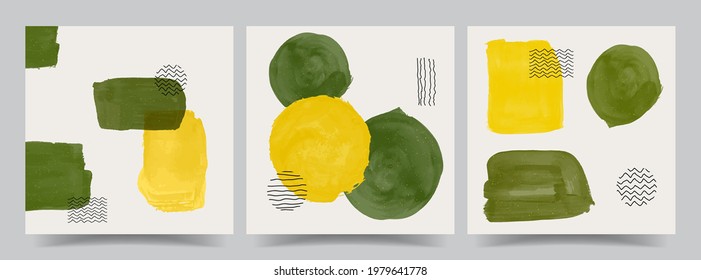 Vector illustration. Abstract contemporary aesthetic backgrounds set. Design for social media template, web banner. Green leaves. Eco concept. Watercolor painting. Hand painted artwork collection