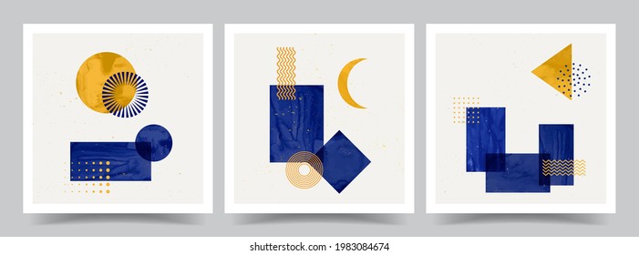 Vector illustration. Abstract contemporary aesthetic backgrounds collection. Design for social media template, web banner. Memphis pattern. Blue and gold watercolor paints. Foil effect. Arabic culture