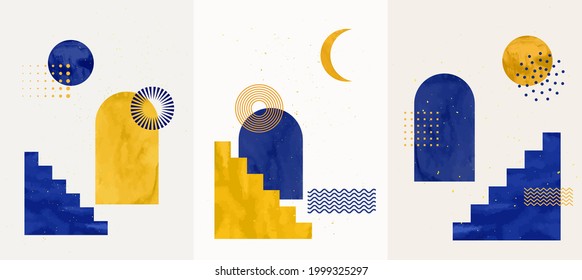 Vector illustration. Abstract contemporary aesthetic backgrounds. Design for poster, postcard, invitation card, flyer, brochure cover. Room wall decor. Blue watercolor paints with golden splash dots