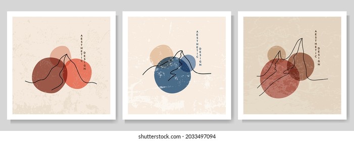 Vector illustration. Abstract contemporary aesthetic backgrounds. Design for web banner, social media template. Vintage style. Circle shapes on linear mountain. Retro pastel color. Minimalist layout