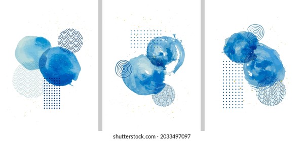 Vector illustration. Abstract contemporary aesthetic backgrounds. Design for poster, postcard, invitation card, flyer, brochure cover. Room wall decor. Blue watercolor paints with golden splash dots