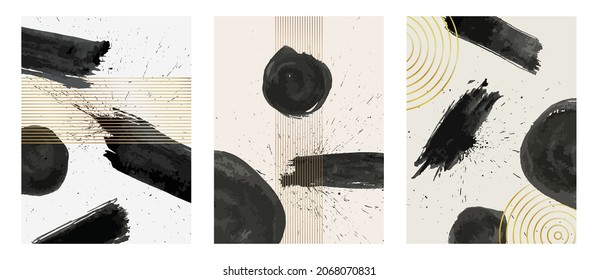 Ilustración vectorial. Resumen de antecedentes estéticos contemporáneos. Diseño de póster, postal, invitación, volante, portada de folleto. La decoración de la pared de la habitación. Pinturas de color de agua negro con líneas geométricas doradas