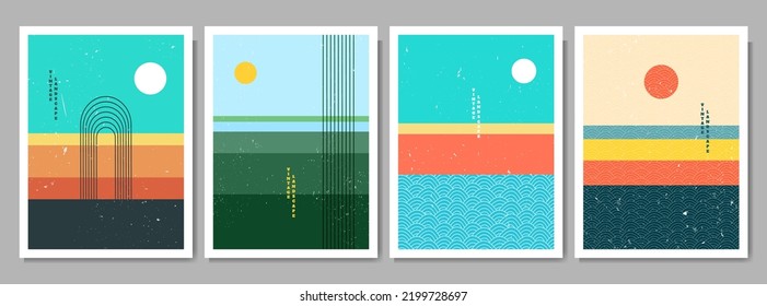 Vector illustration. Abstract contemporary aesthetic backgrounds. Flat landscape. Sun in the sky. Design for poster, postcard, invitation card, flyer, brochure cover. Room wall decor. Linear pattern