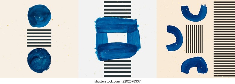 Vector illustration. Abstract contemporary aesthetic backgrounds. Design elements for social media post, app banner, web advertisement. Room wall decor. Blue watercolor paints with geometric lines