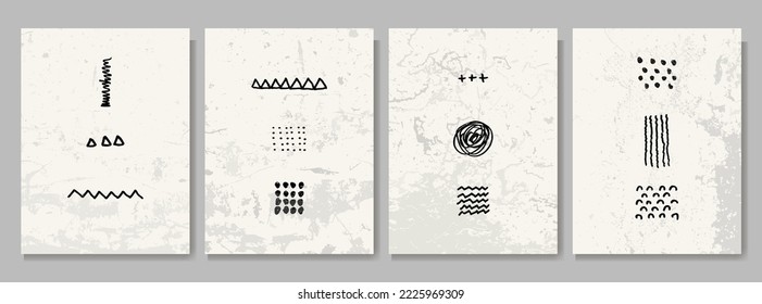 Vector illustration. Abstract contemporary aesthetic backgrounds. Design for poster, cover, layout, magazine. Room wall decor. Black marker stroke. Hand drawn lines. Nordic retro style. Grunge overlay
