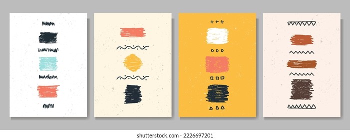 Vector illustration. Abstract contemporary aesthetic backgrounds. Design for poster, cover, layout, magazine. Room wall decor. Color marker stroke. Hand drawn lines. Nordic retro style. Grunge overlay