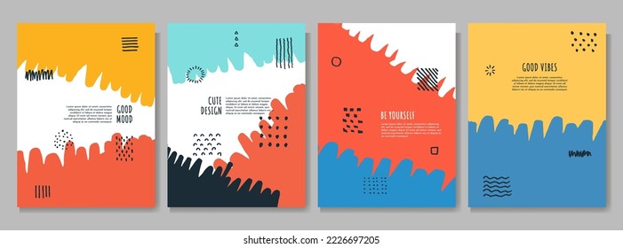 Vector illustration. Abstract contemporary aesthetic backgrounds. Design for poster, cover, layout, magazine. Room wall decor. Hand drawn memphis pattern elements. Marker strokes. Doodle cartoon style