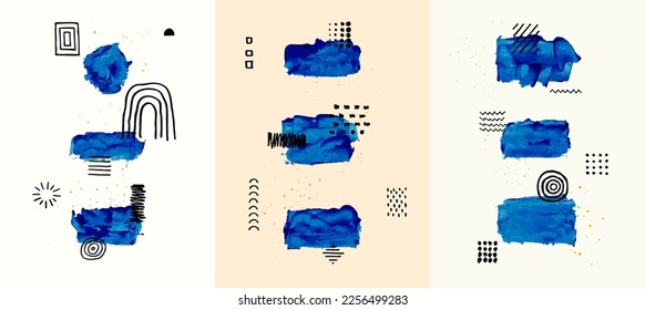 Vector illustration. Abstract contemporary aesthetic backgrounds. Design for poster, postcard, invitation card, flyer, brochure cover. Room wall decor. Blue watercolor paints with ink pen elements