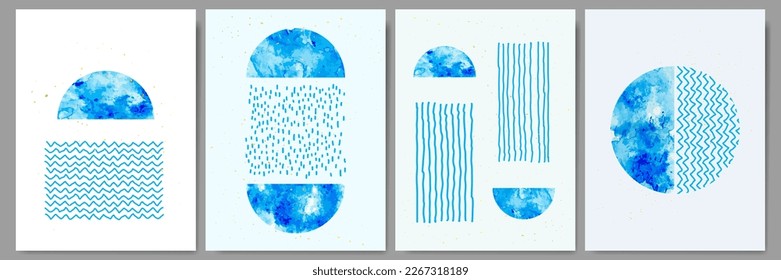 Vector illustration. Abstract contemporary aesthetic backgrounds. Design for poster, postcard, invitation card, flyer, brochure cover. Room wall decor. Blue watercolor paints. Nordic drawn lines