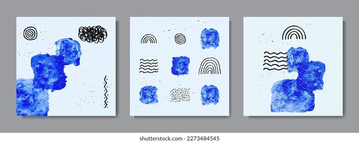 Vector illustration. Abstract contemporary aesthetic backgrounds set. Design elements for social media template, web banner, blog post. Grunge texture overlay. Hand painted art. Blue color paint