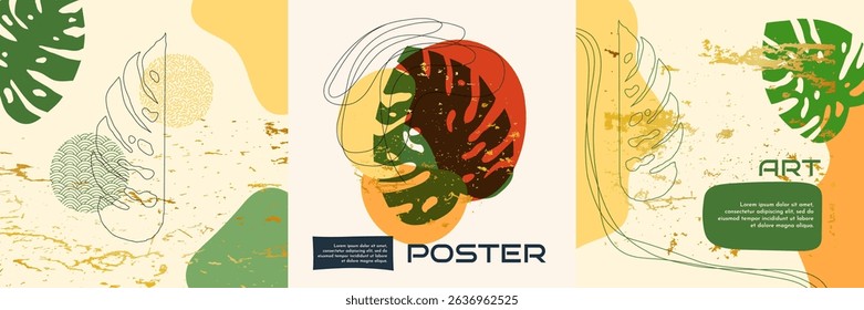 Vector illustration. Abstract contemporary aesthetic backgrounds. Design for social media template, web banner, blog post. Modern art fluid shapes with golden texture, monstera leaves and drawn lines