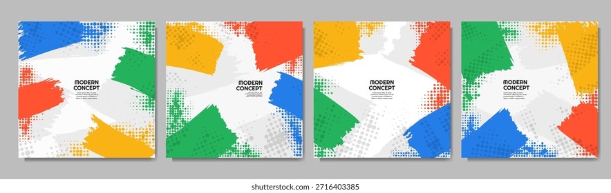 Ilustración vectorial. Abstractas conjunto de fondos estéticos contemporáneos. Elementos de diseño para medios sociales, Anuncio de Web, post de blog. Estilo colorido del trazo de pincel con los puntos del semitono y salpicadura