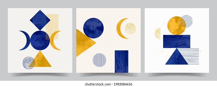 Ilustración vectorial. Resumen de antecedentes estéticos árabes contemporáneos. Diseño para plantilla de medios sociales, banner web. Pinturas de color azul y dorado. Formas geométricas con elementos dibujados a mano