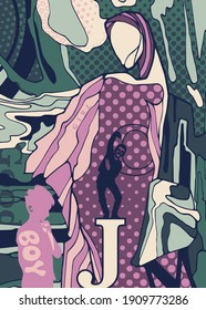 Ilustración vectorial. Resumen del arte contemporáneo con formas, líneas, letras y puntos. Fondo para su diseño. Textil, decoración de blogs, pancarta, afiche, papel de envoltura.