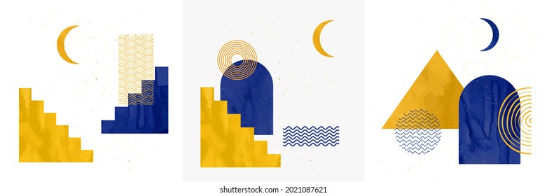 Vector illustration. Abstract contemporary art aesthetic backgrounds. Design for social media, blog post, web banner. Blue watercolor paints with golden splash dots. Line and dot pattern.