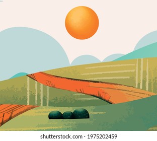 Vector illustration. Abstract contemporary backgrounds. Landscapes set. Green tone colors. Candy colors. Modern art print. Flat design for book cover, poster, banner, brochure, flyer