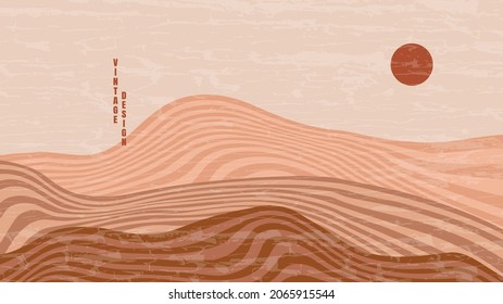 Vector illustration. Abstract contemporary boho aesthetic background. Earth tone colors. Panoramic landscape. Striped mountains. Desert area. Grunge texture overlay. Japanese culture. Hot weather