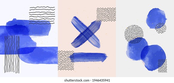 Ilustración vectorial. Resumen de antecedentes contemporáneos dibujados a mano. Diseño de póster, postal, tarjeta de invitación, volante, portada de folleto. La decoración de la pared de la habitación. Pinturas de color azul acuático con puntos de salpicadura dorados