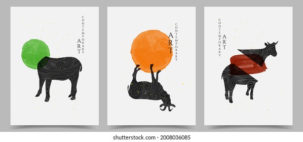 Vector illustration. Abstract contemporary room interior poster collection. Postcard, book cover, magazine, brochure banner design. Watercolor paint splashes and goat silhouette. Surrealist background