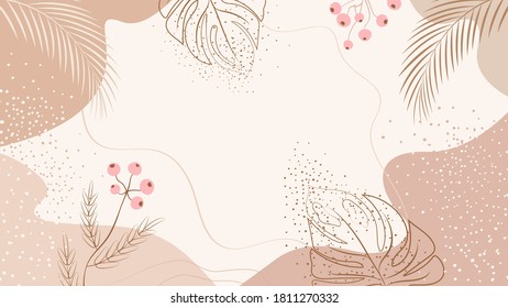 Vector illustration of abstract creative background with plants and tropical leaves in one line style. Simple background with copy space for text. Design template for social media posts, mobile apps.