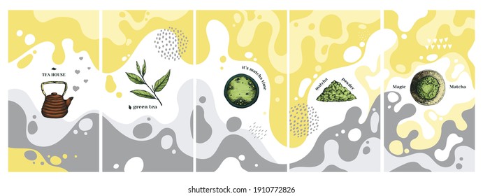 Vector illustration abstract creative set with green matcha tea. Hand-drawn icons set on spotty, fluid background. Simple, stylish template for social networks cafe and matcha tea product.