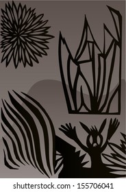 Vector illustration of abstract cut out image made by hand and then vectorized. Black & white image of abstract rabbit, house, sun and bushes.