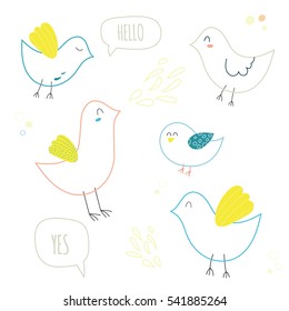 Vector illustration with abstract cute birds character set. Funny animals collection