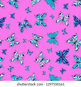 Vector illustration. Abstract cute butterfly on violet, pink and blue colors. In simple style. Background.