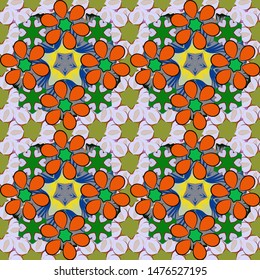 Vector illustration. Abstract cute floral print in green, orange and gray colors. Bright beautiful flowers seamless background.