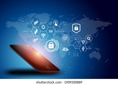 Ilustración vectorial. seguridad cibernética abstracta con el concepto de teléfono e iconos Aplicación de protección cibernética por parte de los programadores para proteger datos en diversos dispositivos electrónicos. 