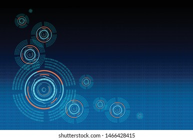 Vector illustration of abstract data, blue, green, orange, black, white color with lines, ring, dots, circle and numeric circle for circuit boards elements business technology on dark blue background.